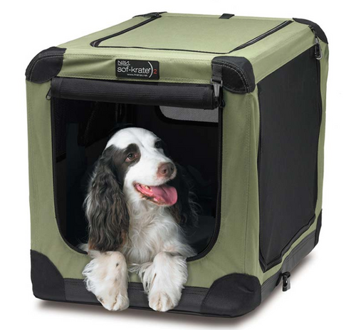 dog sitting inside pet crate